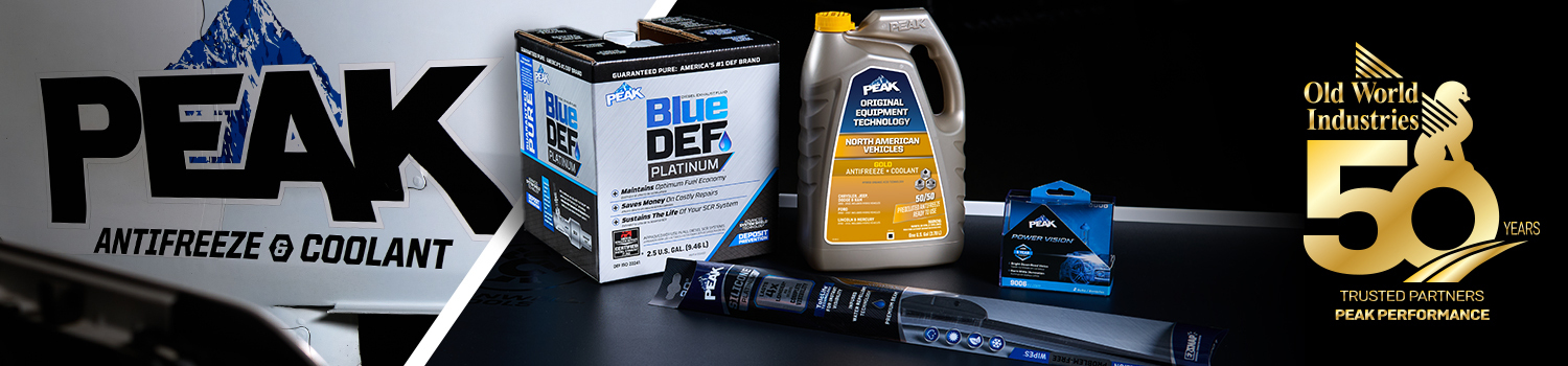 PEAK Antifreeze and Coolant logo next to an assortment of PEAK products like lighting, wiper blades, and BlueDEF, next to the Old World Industries 50th Logo.