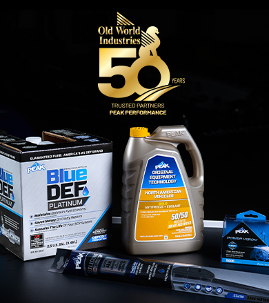 PEAK Antifreeze and Coolant logo next to an assortment of PEAK products like lighting, wiper blades, and BlueDEF, next to the Old World Industries 50th Logo.