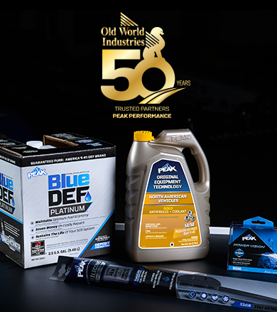 PEAK Antifreeze and Coolant logo next to an assortment of PEAK products like lighting, wiper blades, and BlueDEF, next to the Old World Industries 50th Logo.