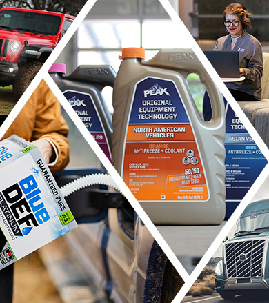 PEAK Antifreeze and Coolant logo next to an assortment of PEAK products like lighting, wiper blades, and BlueDEF, next to the Old World Industries 50th Logo.